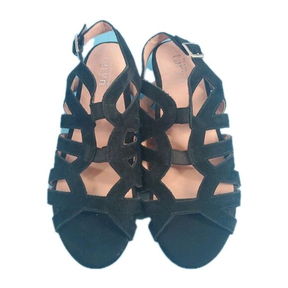 Tayran Sz 8 Wedge Sandal Strappy Slingback  Buckle Black Goth Preppy Summer - Picture 1 of 12